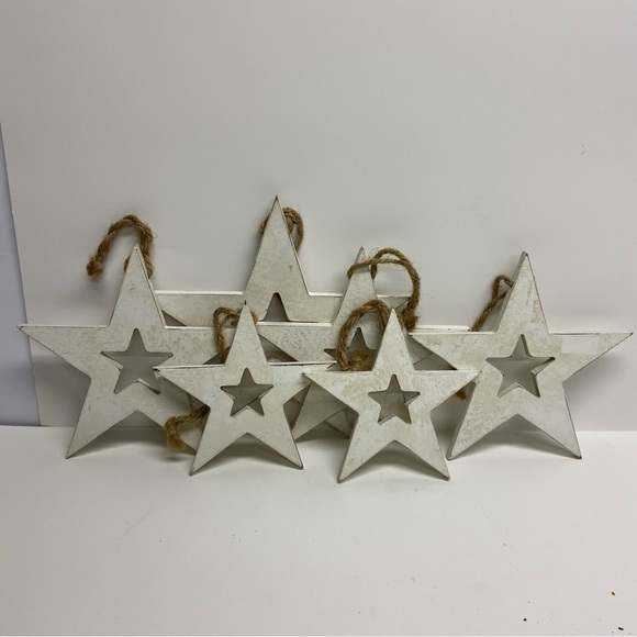 Set of 6 Wooden Hanging Stars White Rustic Country July 4th Christmas - Picture 1 of 6